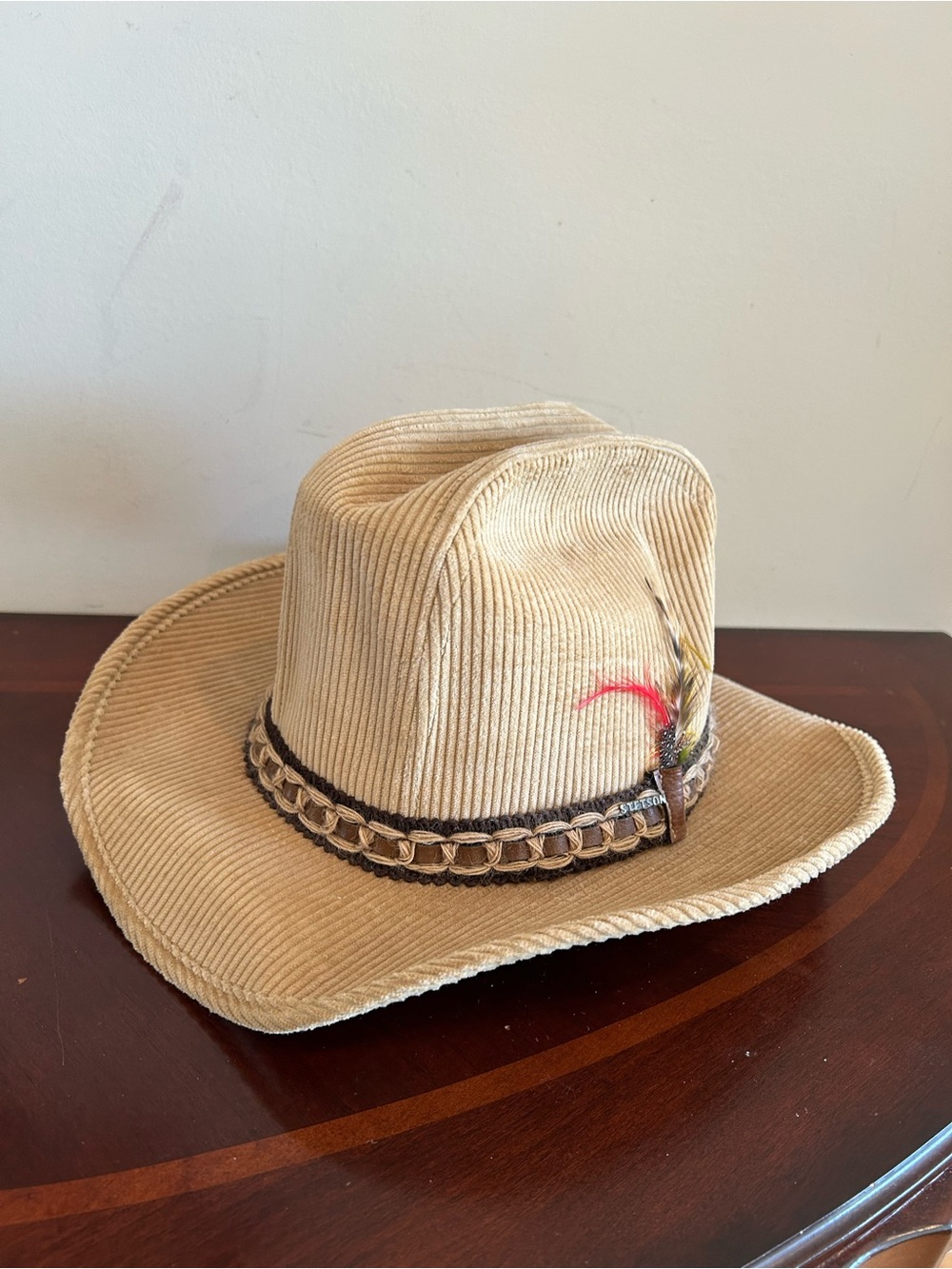 Stetson Beige Corduroy Western Fedora with Feather Accent